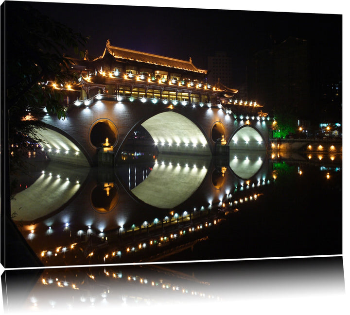 Dark hellerleuchtete chinesische Brücke Leinwand, XXL riesige Bilder fertig gerahmt mit Keilrahmen,