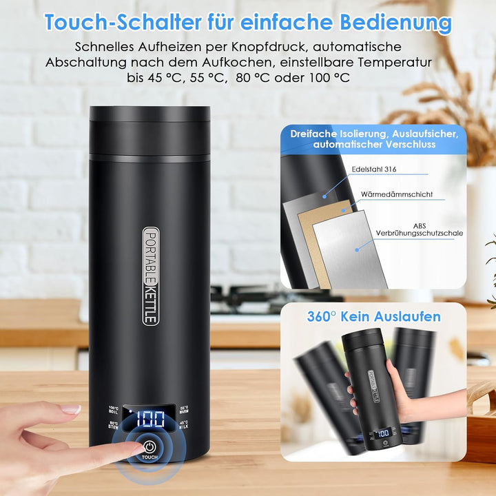 Dreamhigh® Reisewasserkocher, 450ml Mini Wasserkochers, 300W Wasserkocher Klein aus Edelstahl, Reise
