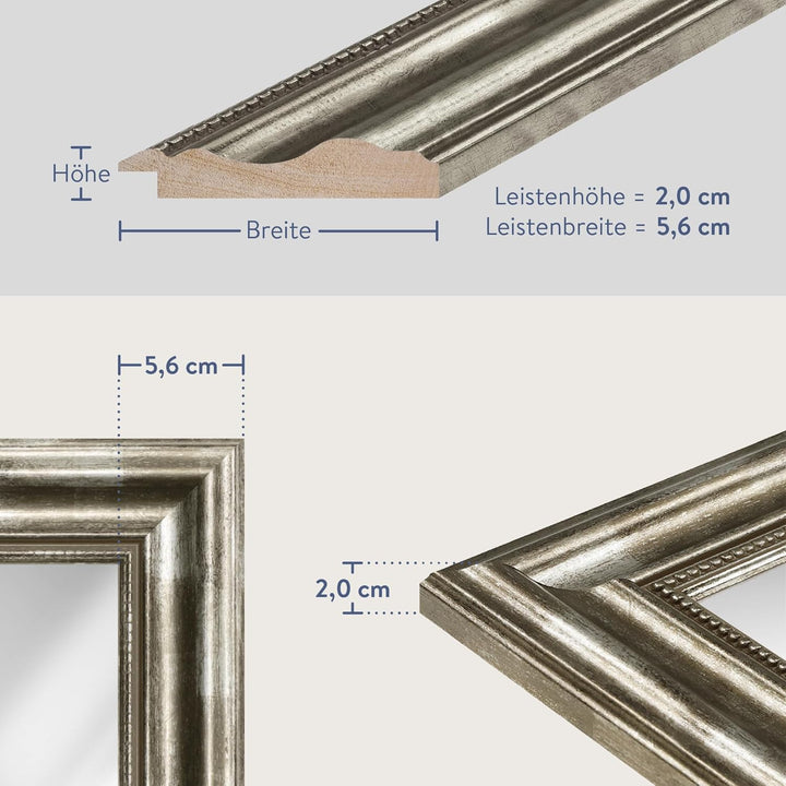 WANDStyle Spiegel Barock und Antik I Aussenmass: 60x80cm I Farbe: Silber I silberner Wandspiegel aus