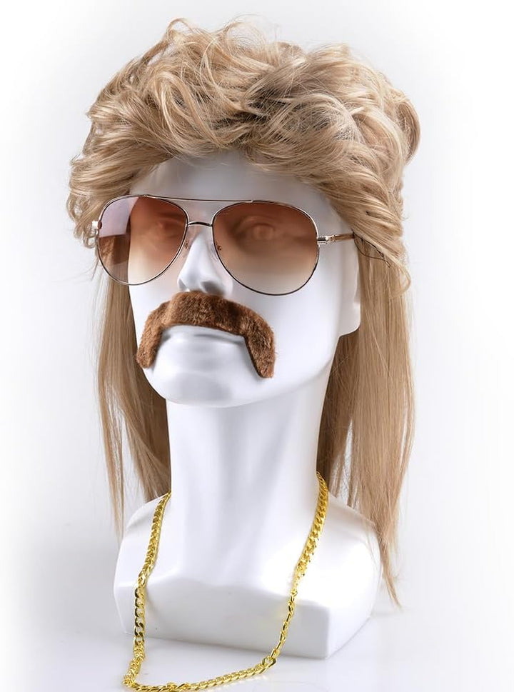 iZoeL Vokuhila Perücke 80er 90er Jahre Outfit Accessoires Herren - Blond Perücken Wig Sonnenbrille H
