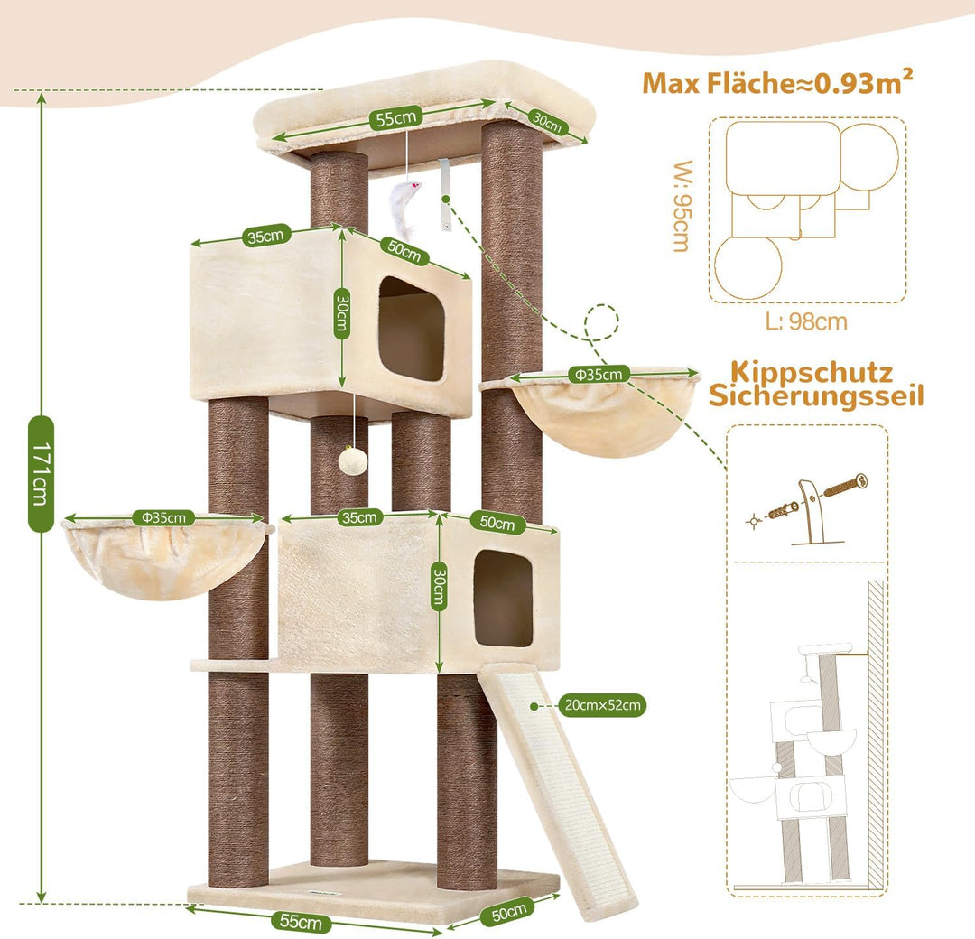 Globlazer Beige Kratzbaum Dicke Stämme 11CM für Grosse Katzen mit 2 Extragross Katzenhaus 50*35*30cm