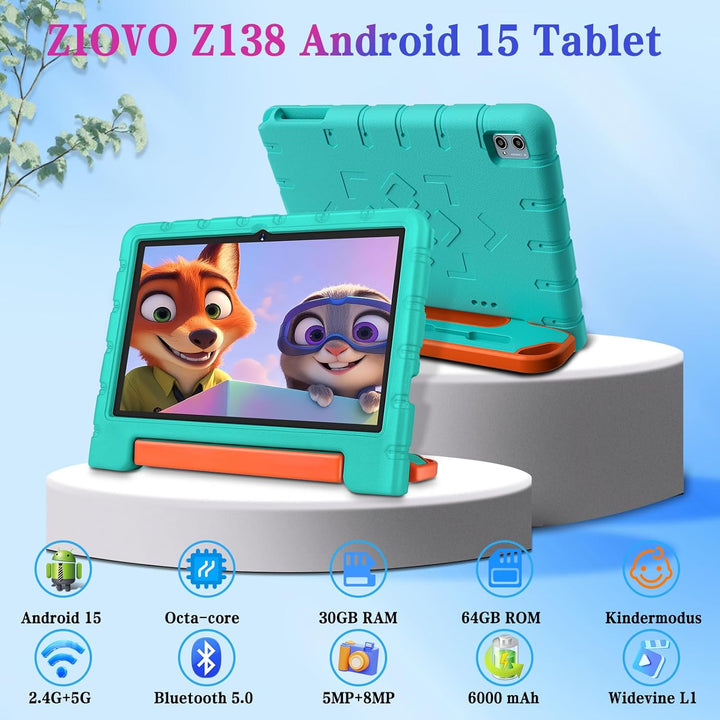 ZIOVO Kinder Tablet 10 Zoll Android 15 mit 30GB RAM+TF 2TB, 5G WiFi, Gemini AI, Octa-Core, Widevine