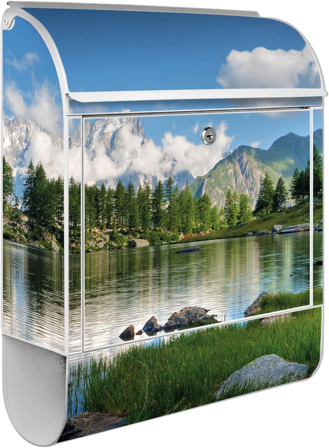 banjado® Design Briefkasten mit Motiv Gebirgssee 39x47x14cm &amp; 2 Schlüssel - Briefkasten Stahl weiss