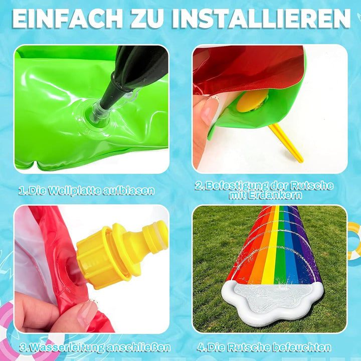 Morofme Regenbogen Wasserrutsche Garten für Kinder, 480x140cm Doppelte Wasser Rutschbahn mit Bodyboa