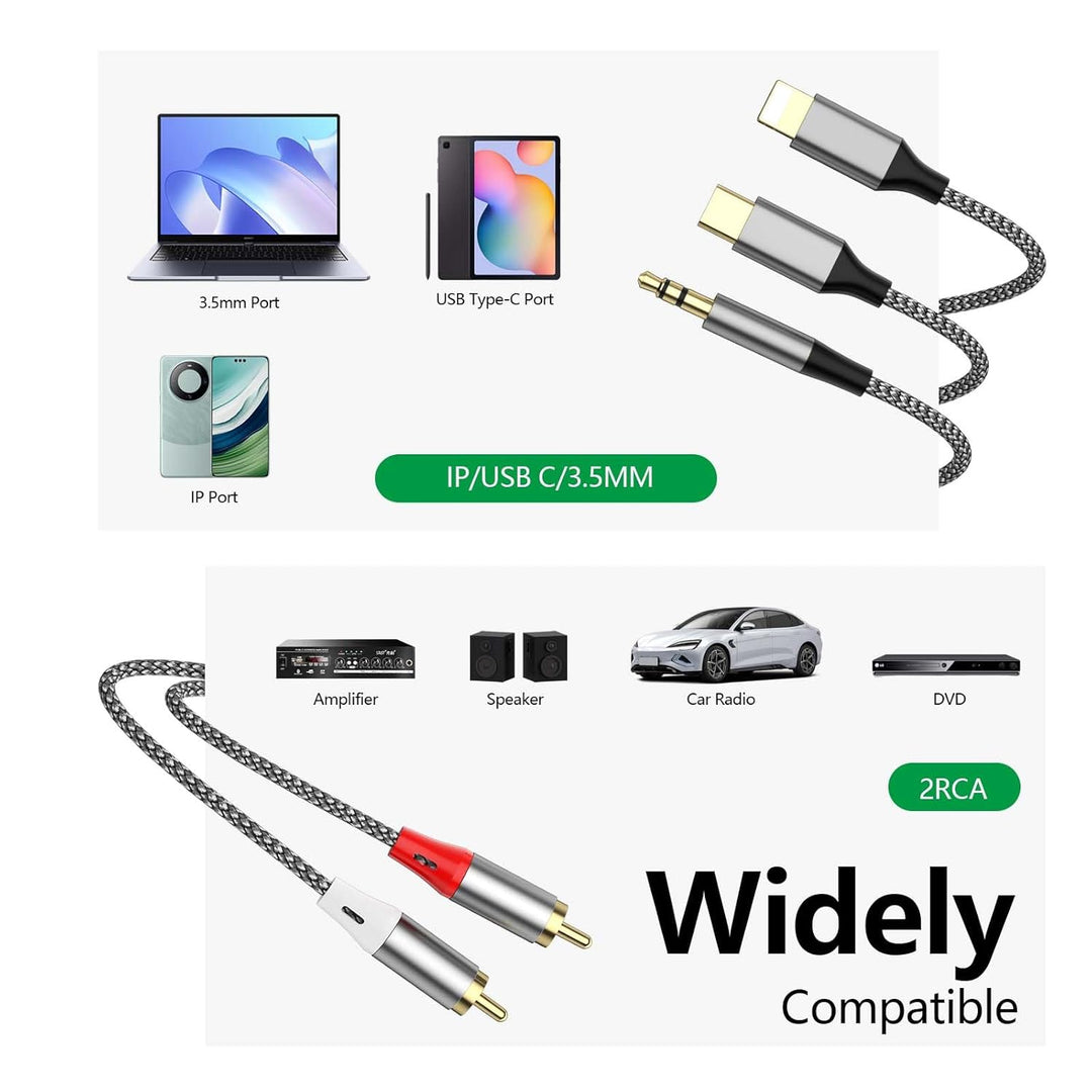 3-in-1 RCA-Audiokabel, verwendet für Lig-htn-ing zu RCA-Kabeladapter, USB C zu 2 R-CA-Kabel, 3.5mm A