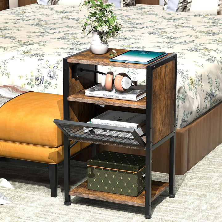 PIPIPOXER Nachttisch mit Steckdose, Nachttisch mit USB Anschlüssen und Steckdosen, Flip Top Beistell