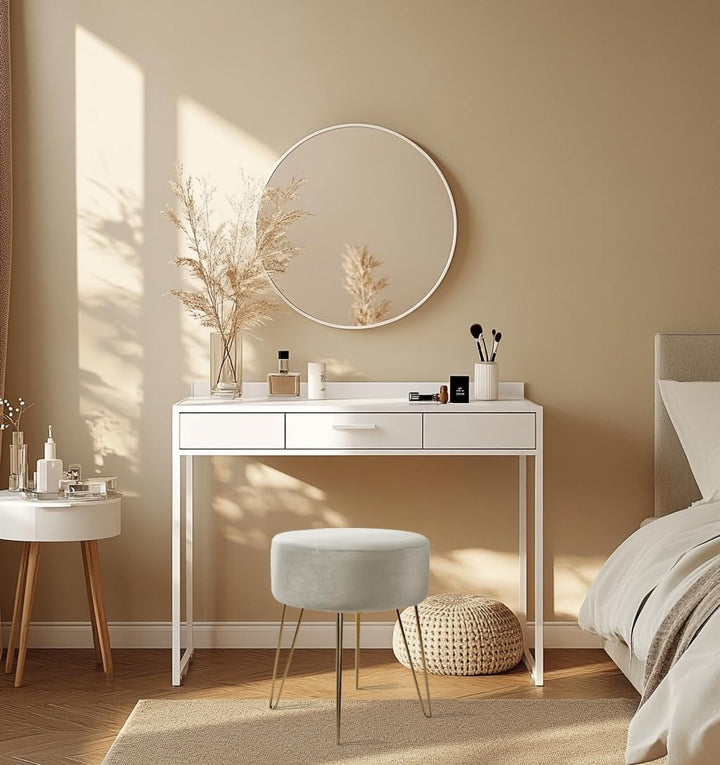 Zedelmaier Runder Sitzhocker Schminktisch Hocker Ottoman Gepolsterter Hocker Metallstütze Beige Beig