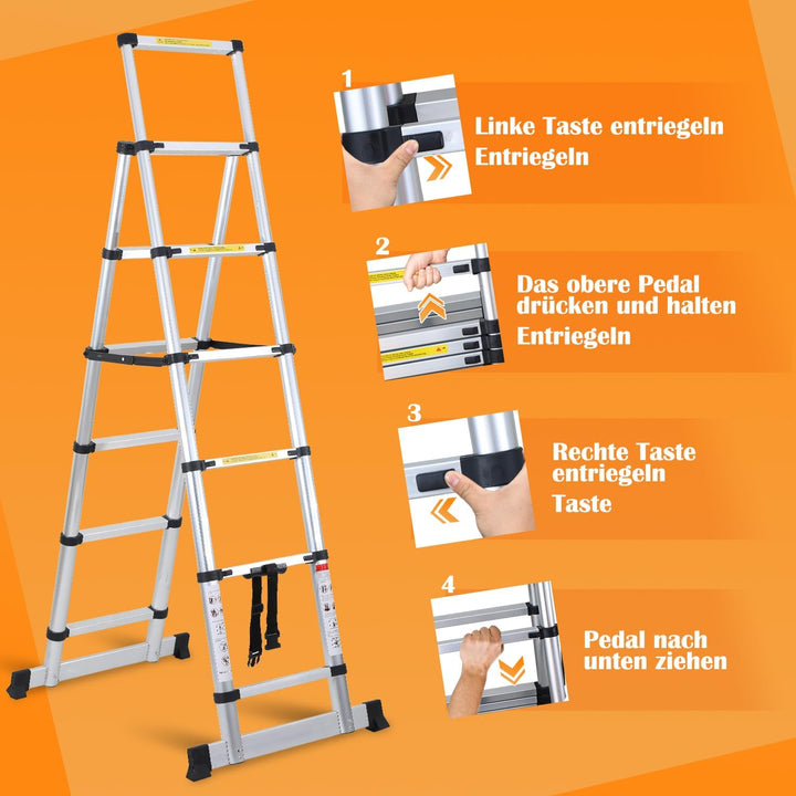 teleskopleiter klappleiter 1,7+2M aluleiter 5+6 Stufen Tragbare rutschfeste ausziehleiter, 150 kg Be