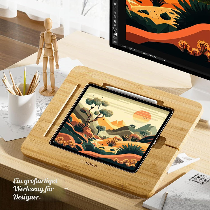 AFOOYO Bambus Tablet Zeichenständer - Tragbar & Verstellbar 5 Winkel Laptop Ständer Erhöhung Buch Le