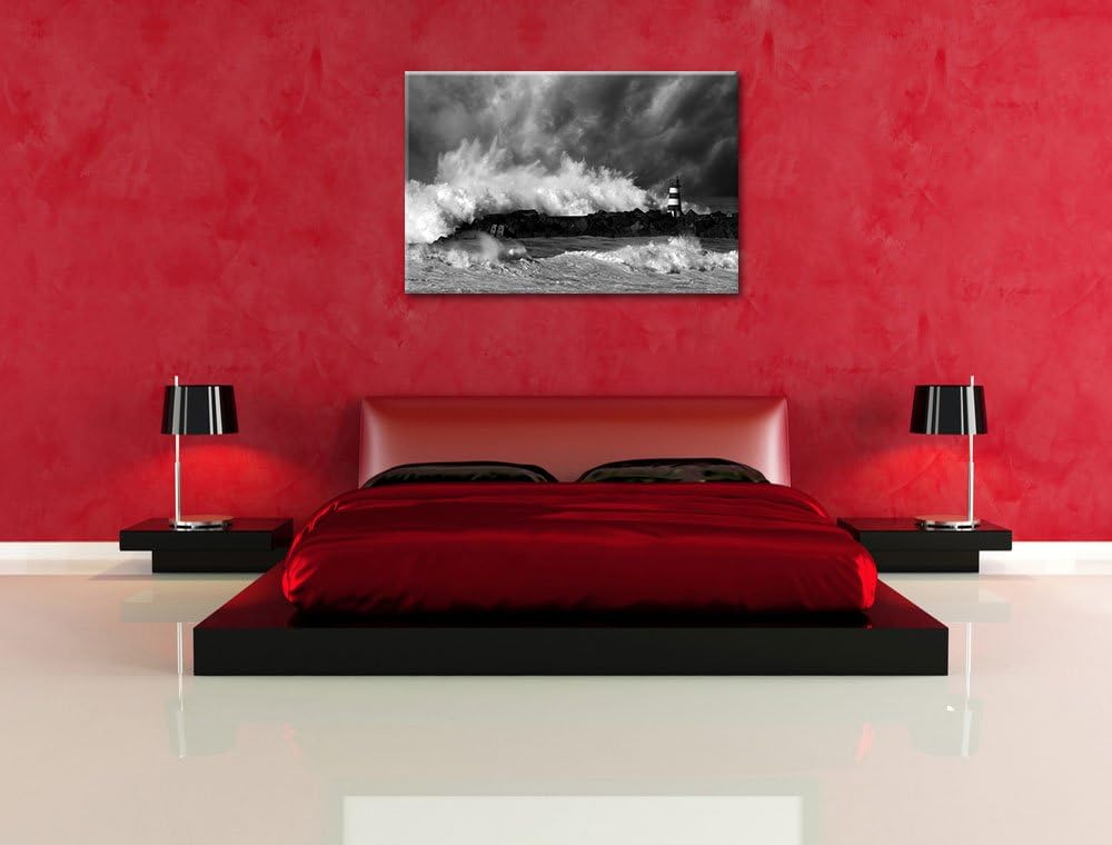 Pixxprint Tobendes Meer mit Leuchtturm als Leinwandbild/Grösse: 100x70 cm/Wandbild/Kunstdruck/fertig