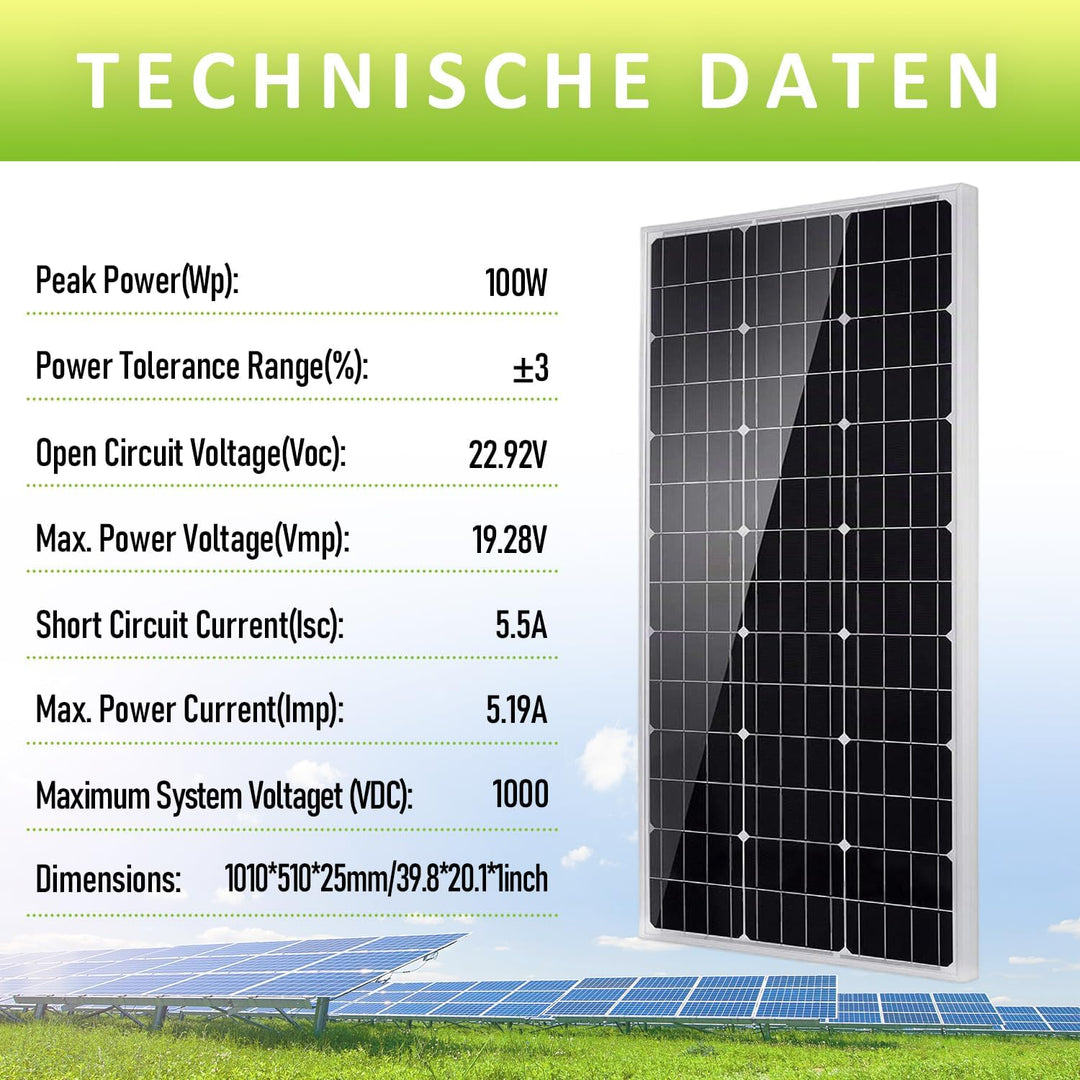 Topsolar 100W Solarpanel 12V mit Laderegler, Kabeln, 1