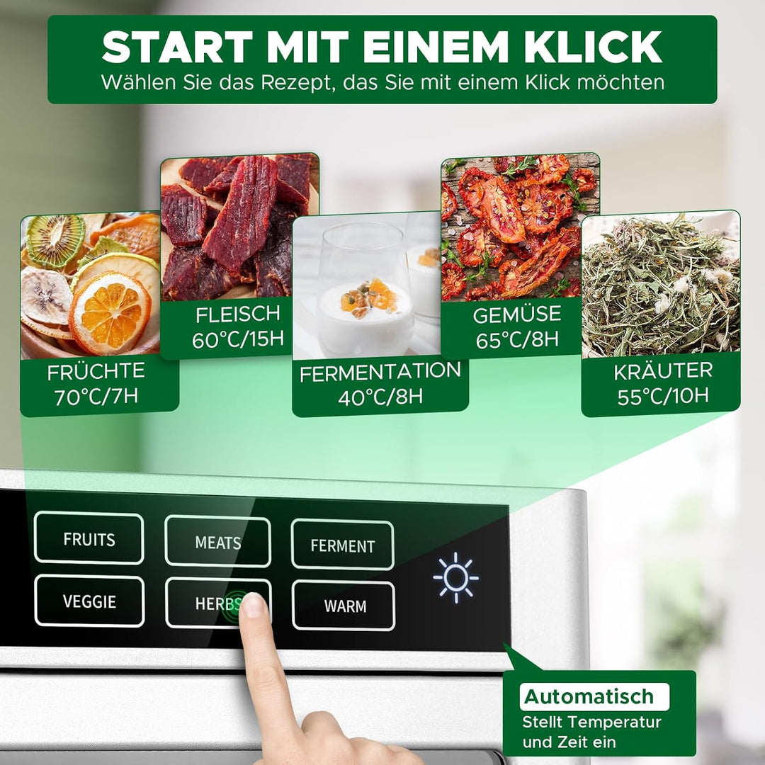 Kwasyo Dörrautomat 12 Etagen Edelstahl, 6 Voreinstellungen für Früchte, Gemüse, Fleisch, Blumen, 85°