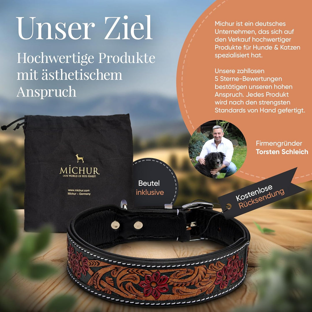 MICHUR Flora Hundehalsband Leder, Lederhalsband Hund, Halsband, SCHWARZ Rot Braun, Leder, mit roten