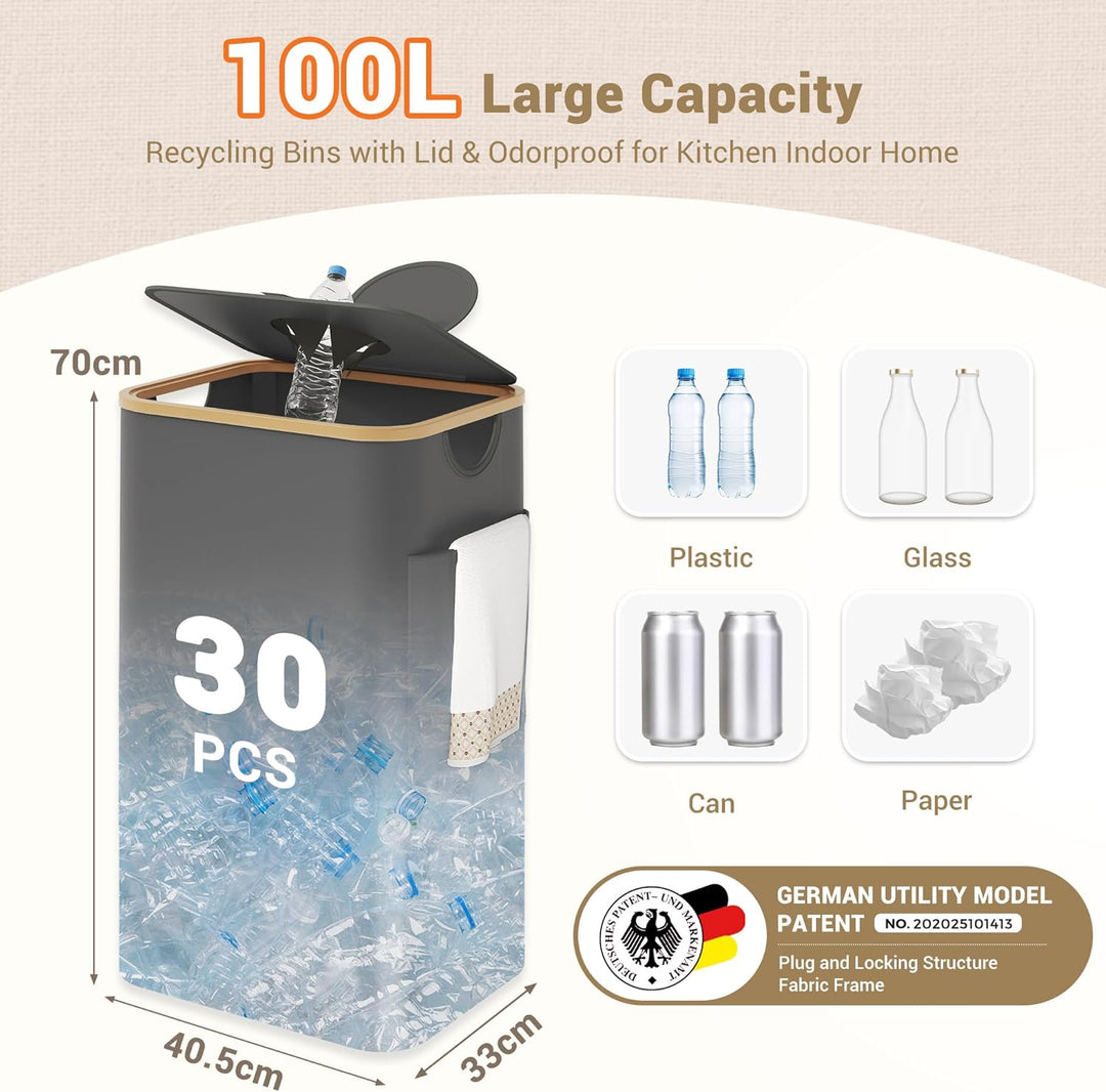 YOUDENOVA 100L Pfandflaschen Sammelbehälter mit Deckel, Geruchsdicht, Recyclingbehälter mit waschbar