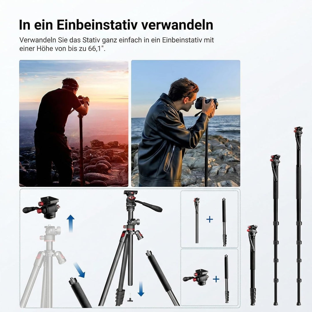 NEEWER BASICS Overhead Horizontal Kamera Stativ Einbeinstativ mit Fluidkopf und Mittelsäule, 75,4" M