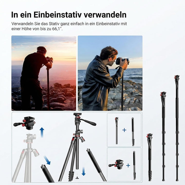 NEEWER BASICS Overhead Horizontal Kamera Stativ Einbeinstativ mit Fluidkopf und Mittelsäule, 75,4" M