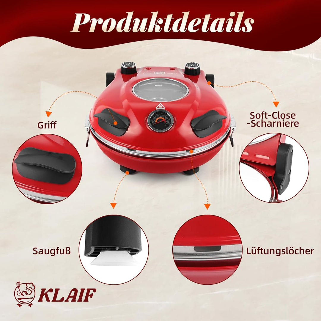 Klaif Elektrischer Pizzabäcker, 420 ℃, 1200 Watt, 5 separate Temperaturstufen, flammenbeständige Ste