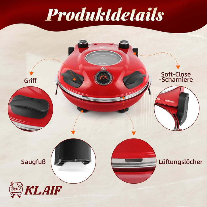 Klaif Elektrischer Pizzabäcker, 420 ℃, 1200 Watt, 5 separate Temperaturstufen, flammenbeständige Ste