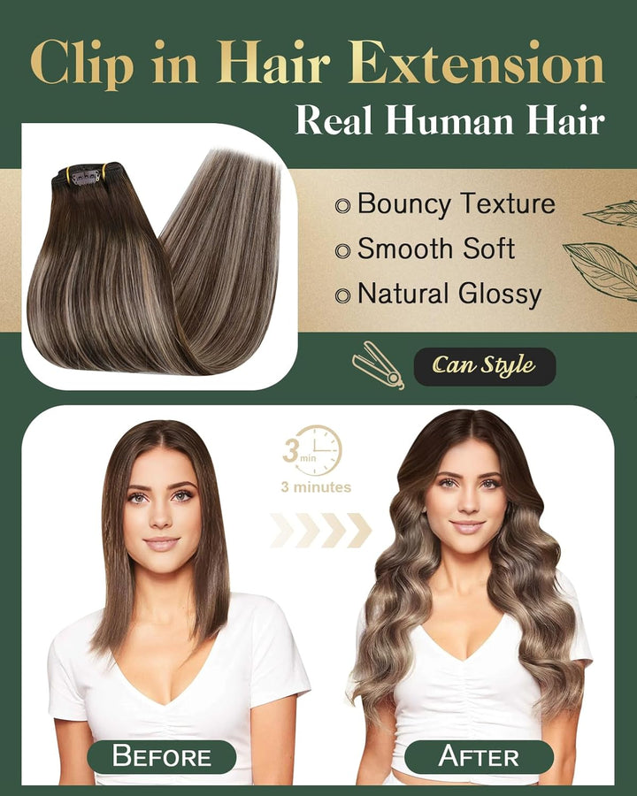 Ugeat Clips Echthaar Extension 35cm Haarverlängerung Clip in Extensions Echthaar Dicke Haare Balayag