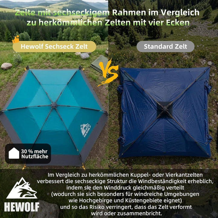 Hewolf Camping Zelt - Zelt 2/3/4 Personen Wasserdicht mit Vorzelt Familienzelt Einfache Einrichtung