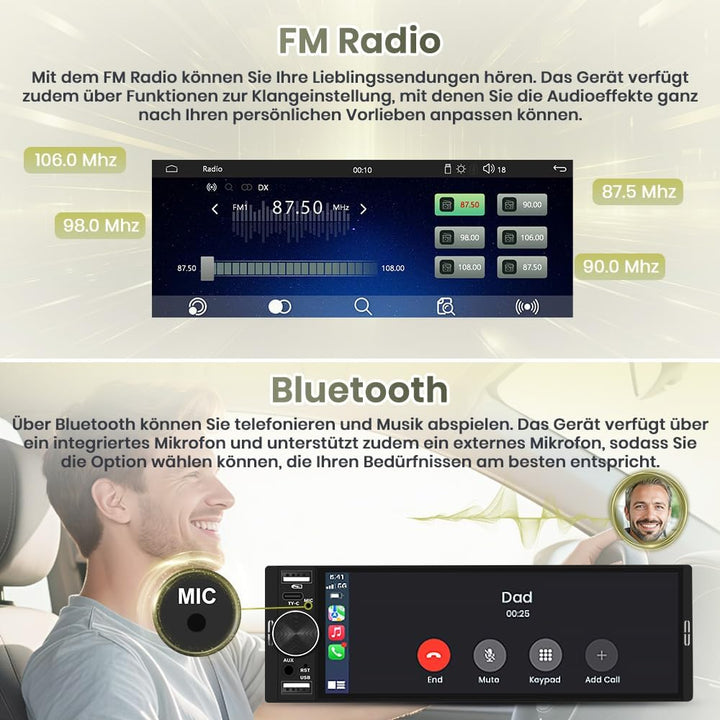 1 DIN Universales Autoradid mit Carplay, Android Auto, 6,28 Zoll | mit Rückfahrkamera, Online Naviga