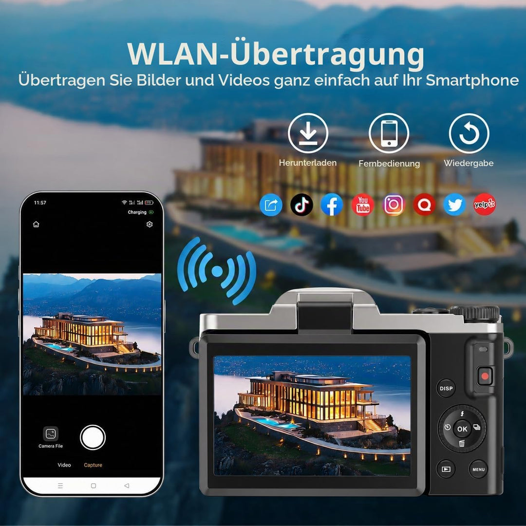 Digitalkamera, 4K 64MP Autofokus Kamera Fotokamera Mit WLAN, 3" 180° Klappbarer Bildschirm Digital K