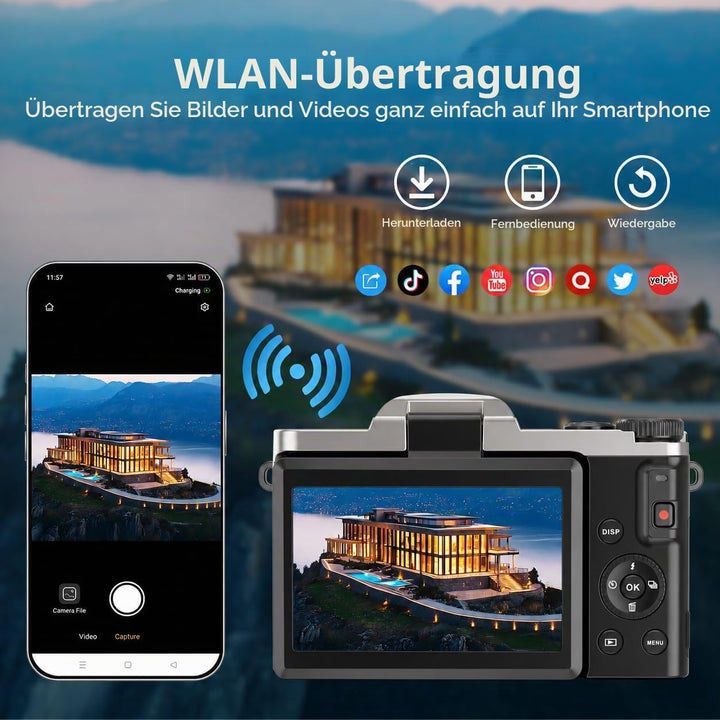 Digitalkamera, 4K 64MP Autofokus Kamera Fotokamera Mit WLAN, 3" 180° Klappbarer Bildschirm Digital K