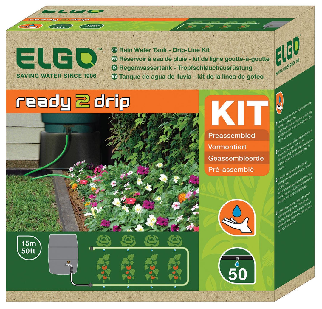 ELGO Regentonnensystem RWK50: Drip Bewässerungskit für Regenwassernutzung, 15 Meter Schlauch, 50 Tro
