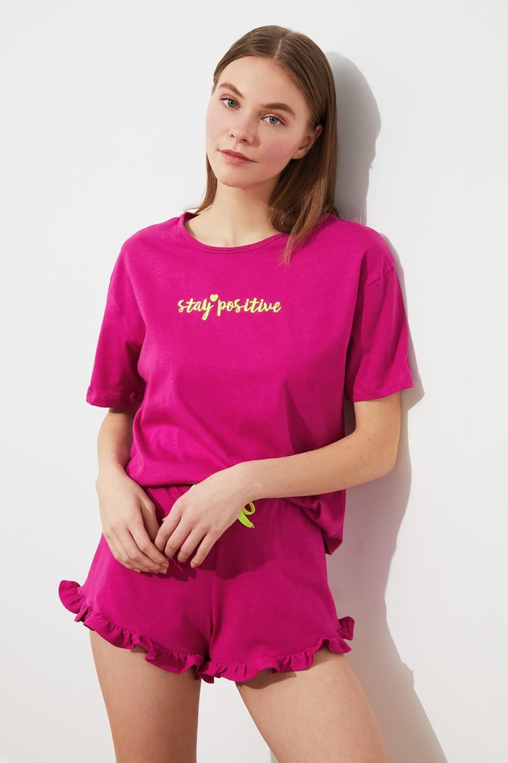 Trendyol Damen Fuchsia Embroidered Knitted Kit Pajama Set, Fuchsia, XL EU