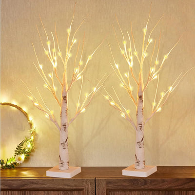 2er Set LED Baum Lichter Warmweiss, 60cm/2ft Birke LED Lichterbaum Innen mit 24 LEDs Licht, USB/Batt