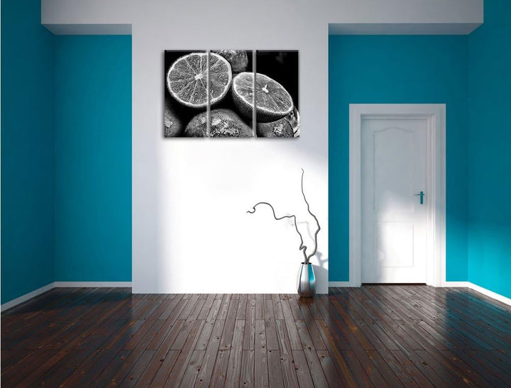 Pixxprint Monocrome, aufgeschnittene Limetten 3-Teiler Leinwandbild 120x80 Bild auf Leinwand