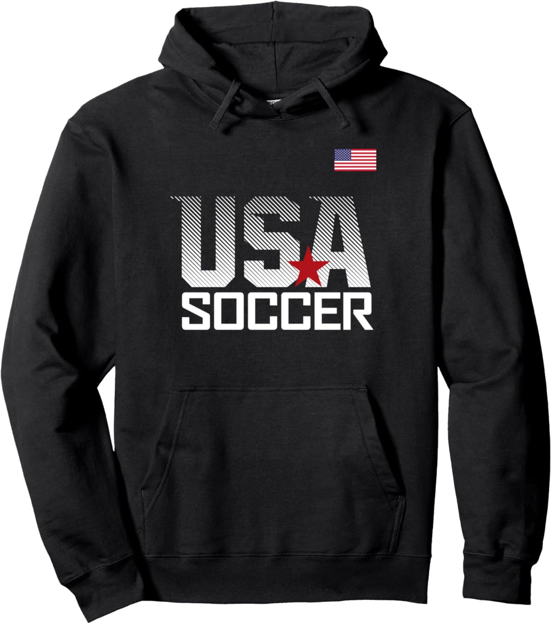 Trendy USA Soccer Red Star American Flag Pocket Logo Pullover Hoodie
