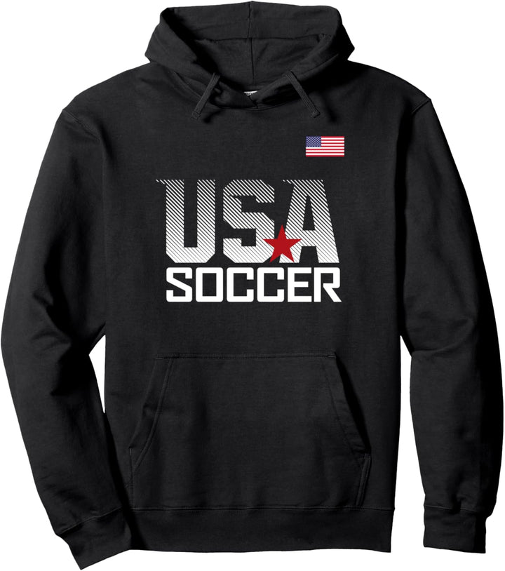 Trendy USA Soccer Red Star American Flag Pocket Logo Pullover Hoodie