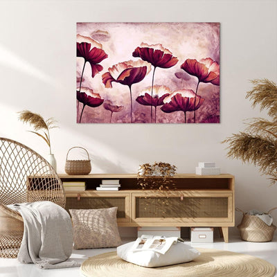 Bilder auf Leinwand 100x70cm Leinwandbild mit Rahmen Mohn Blume Wiese Gross Wanddeko Bild Schlafzimm