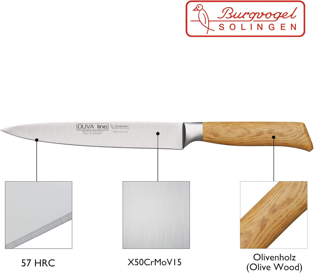 Burgvogel Solingen Tranchiermesser 20 cm geschmiedet Olivenholz, Oliva Line, rostfrei, deutsches Auf