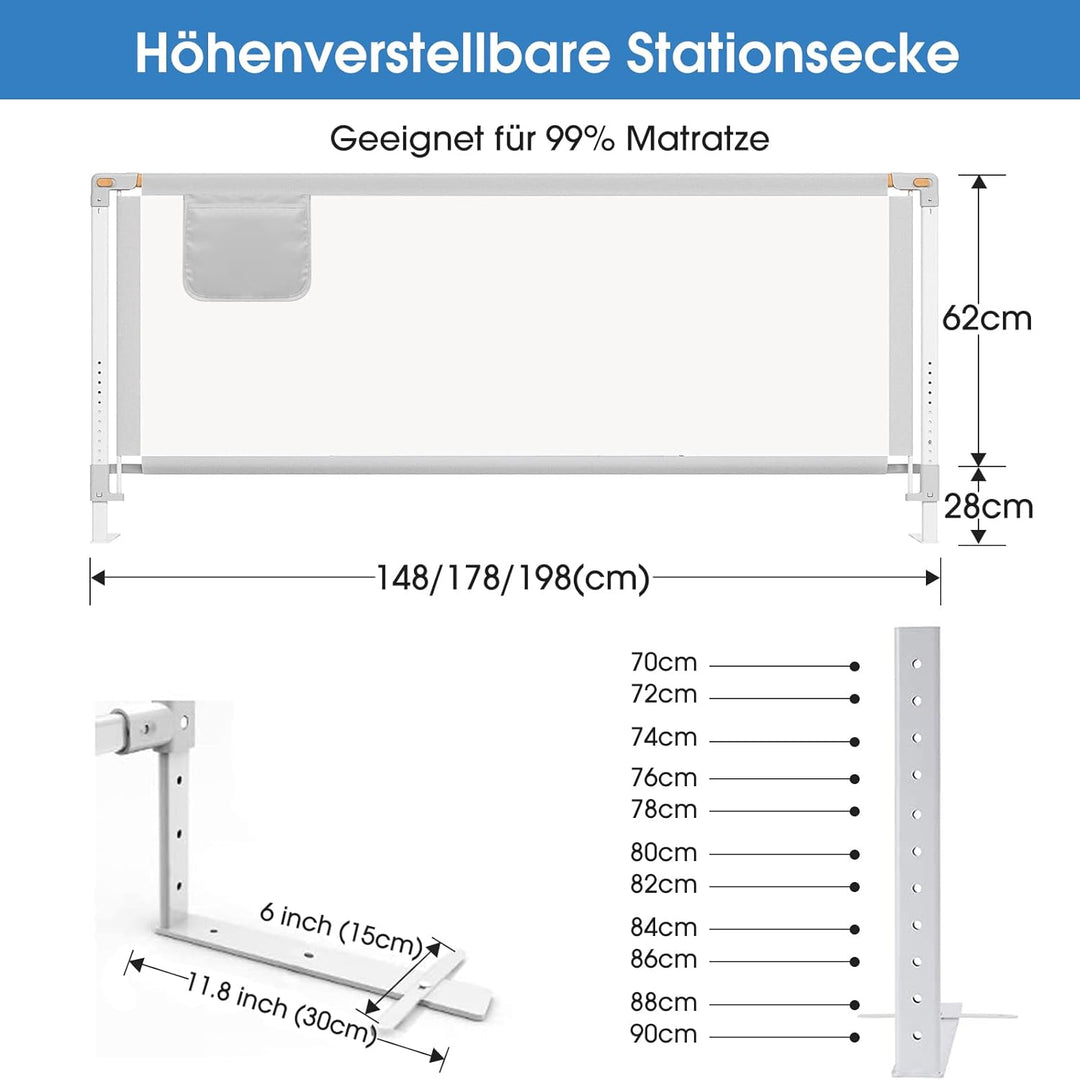 Bettgitter, 180cm Bettschutzgitter für Kinder ab 0-10 Jahren , einziehbare Kinderbettgitter Babybet