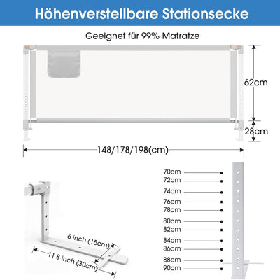 Bettgitter, 180cm Bettschutzgitter für Kinder ab 0-10 Jahren , einziehbare Kinderbettgitter Babybet