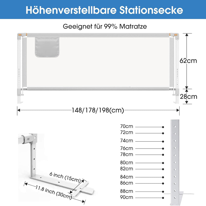 Bettgitter, 180cm Bettschutzgitter für Kinder ab 0-10 Jahren , einziehbare Kinderbettgitter Babybet