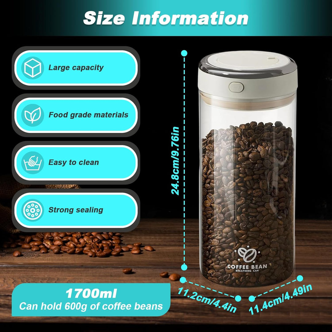 1.7L Luftdicht Kaffeedose mit Auslassventil & Datumsanzeige, Vakuum Kaffeebohnen Behälter, Transpare