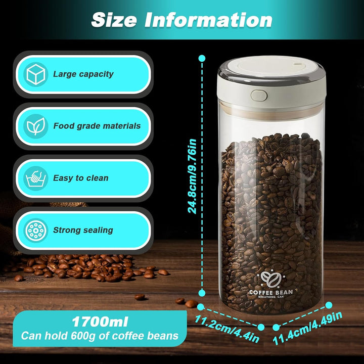 1.7L Luftdicht Kaffeedose mit Auslassventil & Datumsanzeige, Vakuum Kaffeebohnen Behälter, Transpare
