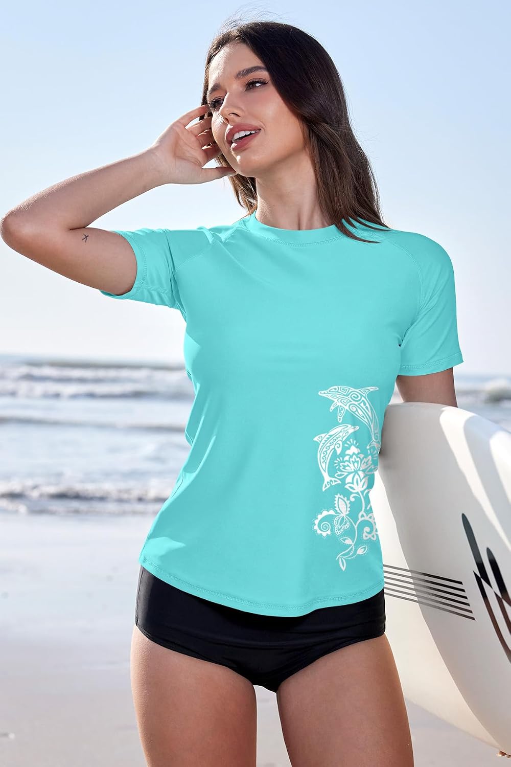 BesserBay Schwimmshirt Damen Kurzarm UV Shirt UPF 50+ Rashguard Women Rundhals Schnelltrocknend Bade