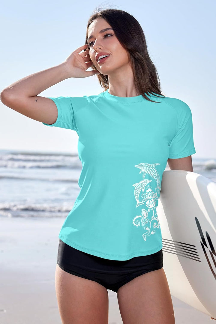 BesserBay Schwimmshirt Damen Kurzarm UV Shirt UPF 50+ Rashguard Women Rundhals Schnelltrocknend Bade
