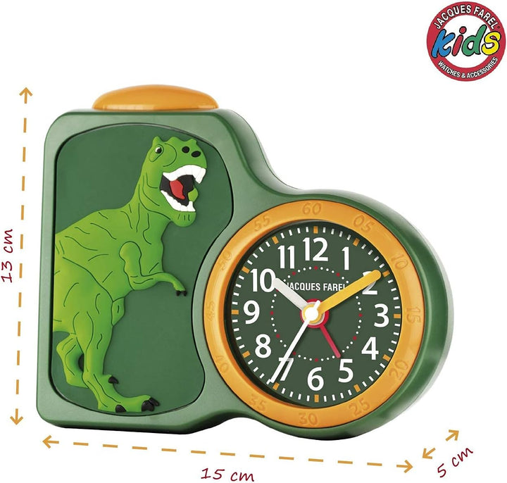 JACQUES FAREL Kinder-Wecker Jungen 3D Dinosaurier Grün Gelb Analog Quarz ohne Ticken mit Licht und S