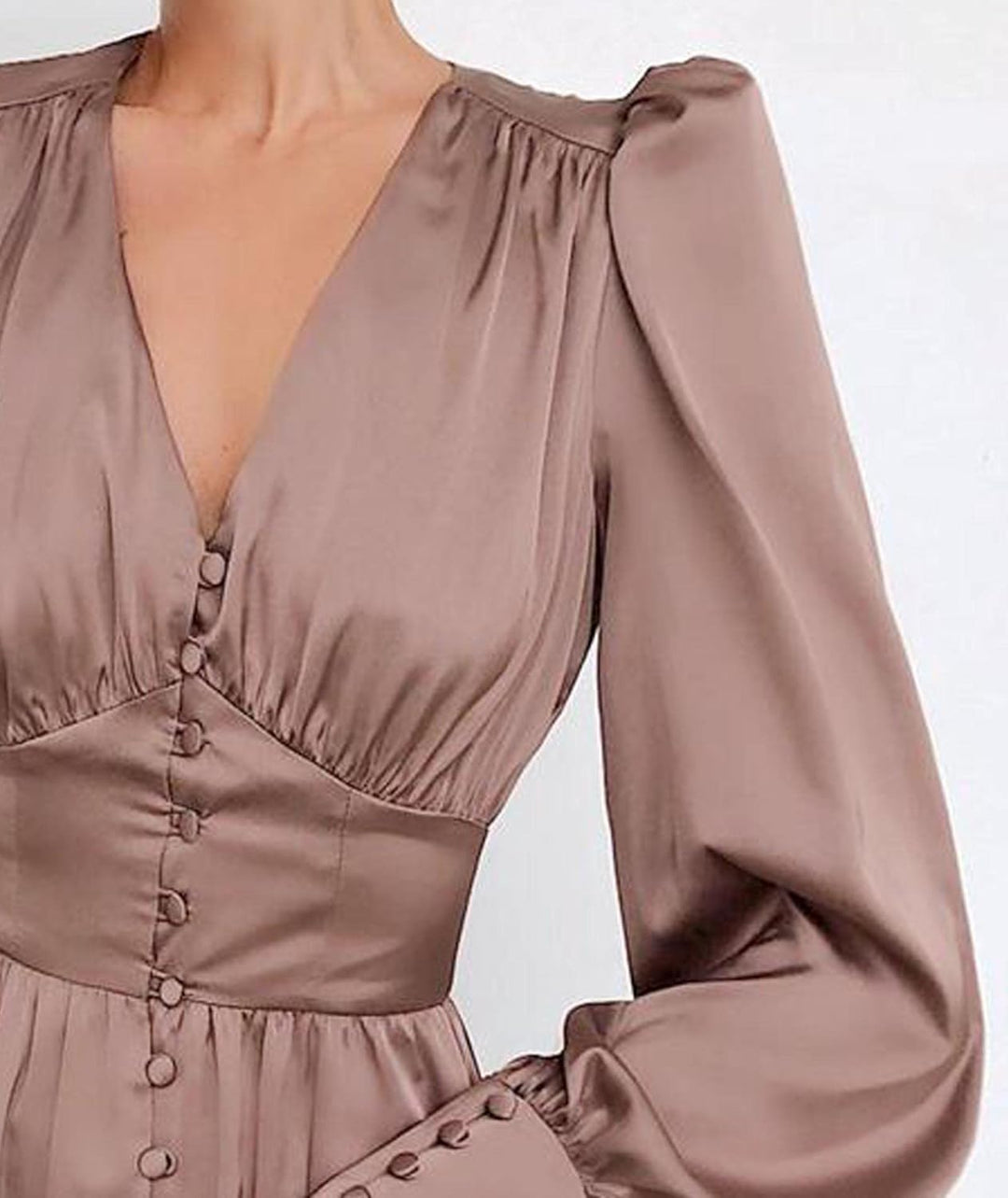 xxxiticat Damen Langarm Satin Maxikleid Lange Laternenärmel Knopfleiste Rüschen Einreihig Vintage Pu