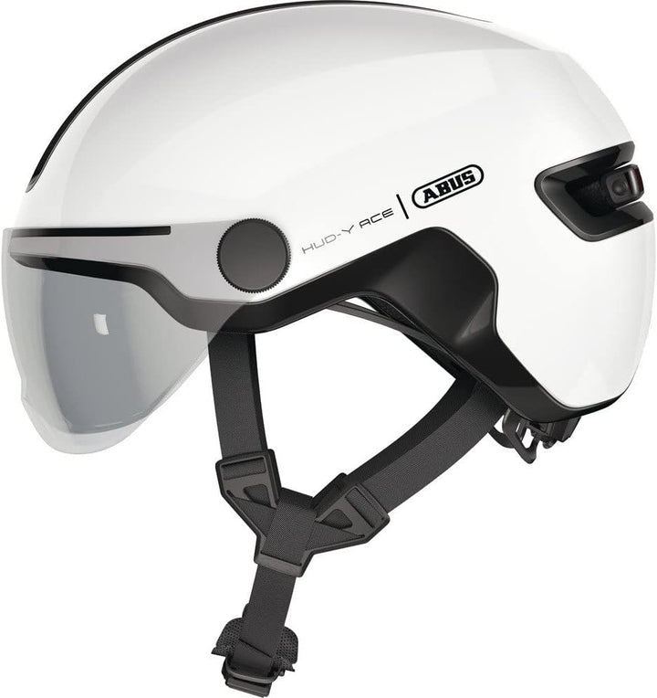 ABUS Stadthelm HUD-Y ACE - stylischer Fahrradhelm mit Visier und magnetischem, aufladbarem LED-Rückl