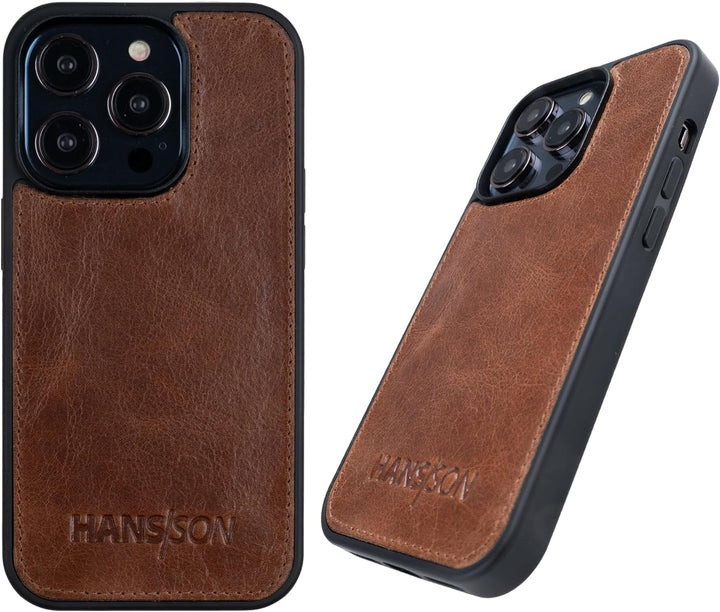 HANS/SON Echtleder Handyhülle in Cognac | iPhone 14 Pro Ledercase | Schutz vor Stürzen und Stössen |