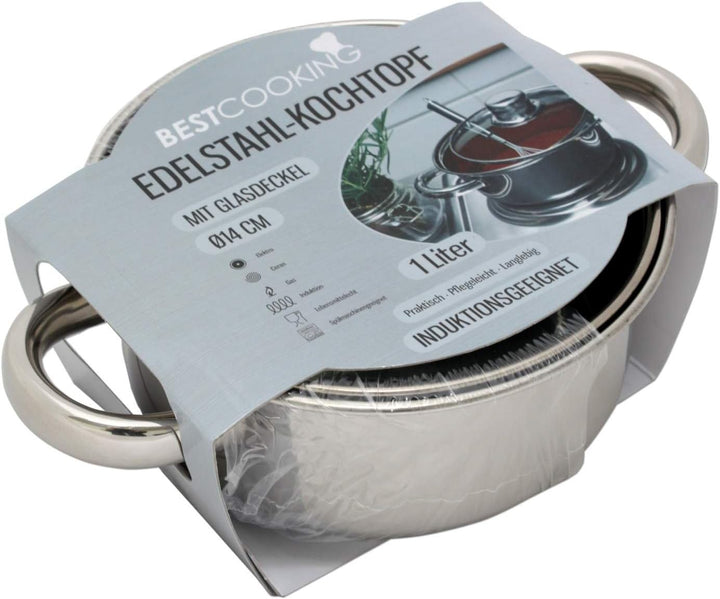 Kochtopf Edelstahl mit Glasdeckel 1 L 14 cm Topf Kochen