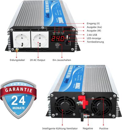 Wechselrichter 24V auf 230V Reiner Sinus 2000W Spannungswandler Umwandler-Inverter mit Zwei EU-Steck