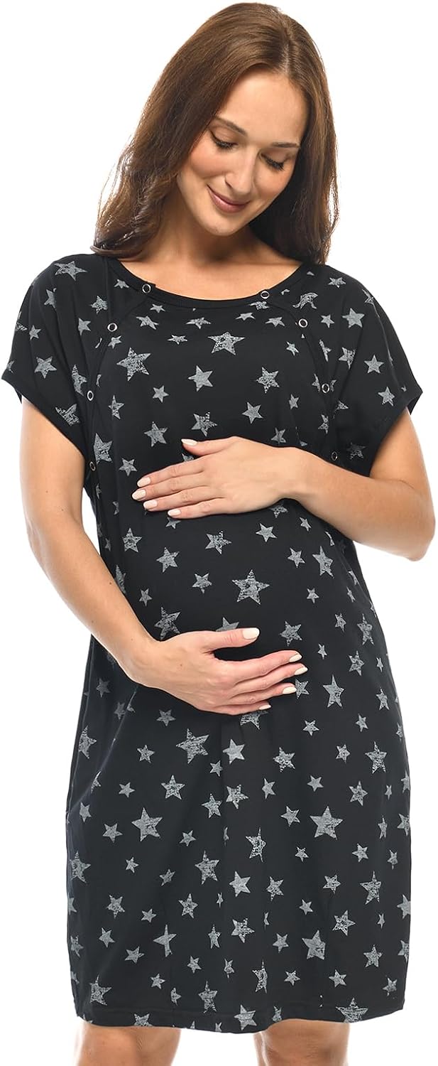 MijaCulture 3 in1 Geburtskleid Stillnachthemd Umstandsnachthemd 4123, Schwarz/Sterne XXL
