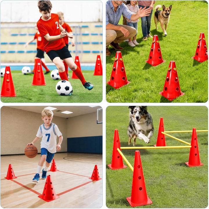 Steckhürdenset 10 Kegel + 5 Stangen, Höhenverstellbare Agility Hürden für Hundesport & Fussballtrain